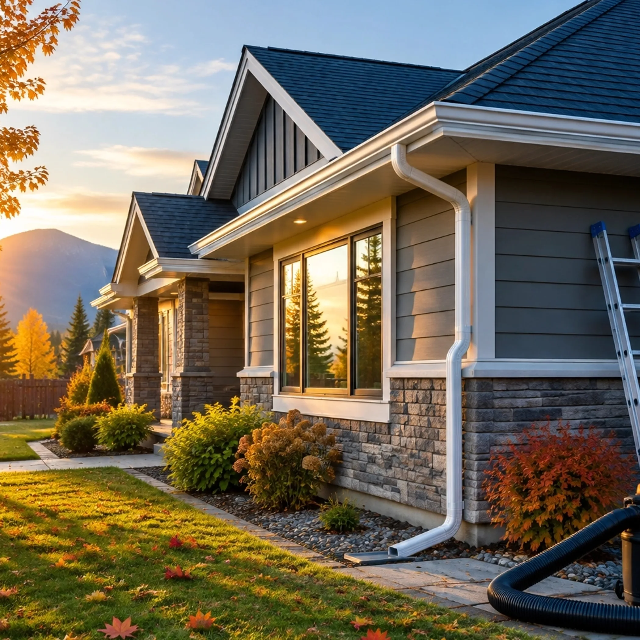 roof, gutters, downspouts and leaves